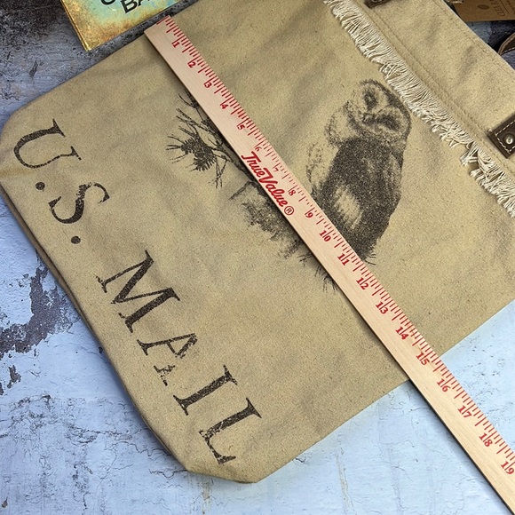 Clea Ray US Mail Owl Graphic Repurposed Canvas Tote Book Bag Leather Straps - Picture 6 of 11